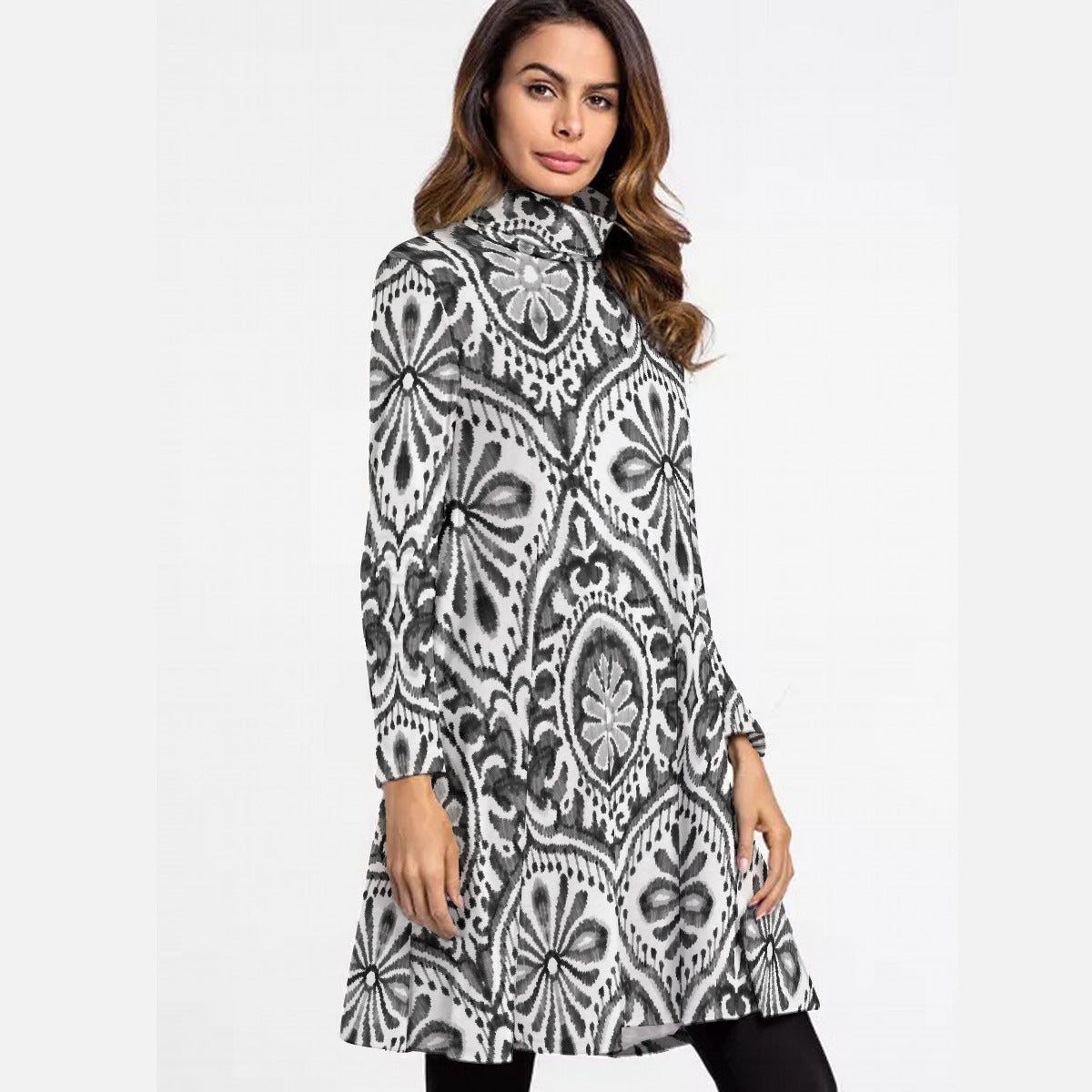 All-Over Print Women's High Neck Dress With Long Sleeve