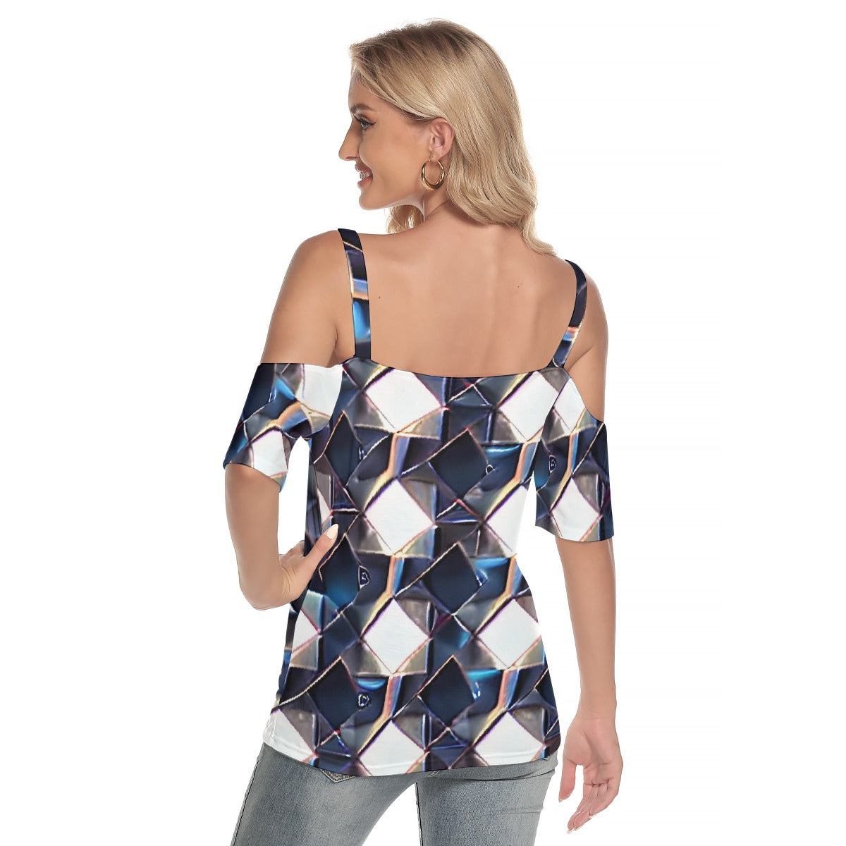 All-Over Print Women's Cold Shoulder T-shirt With Criss Cross Strips