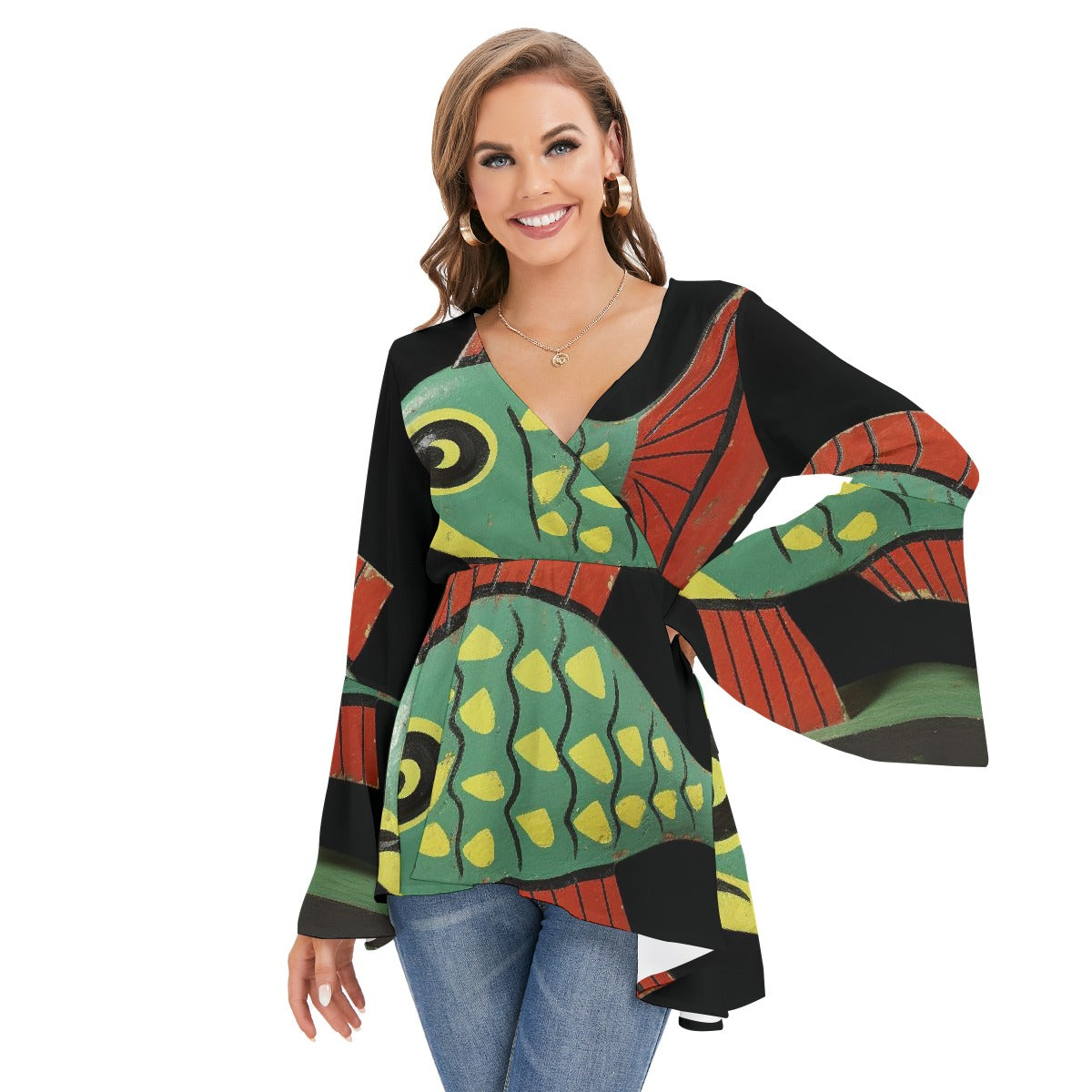 All-Over Print Women's V-neck Blouse With Flared Sleeves