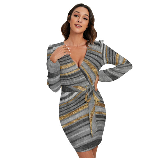 All-Over Print Women's Long Sleeve Dress With Waist Belt