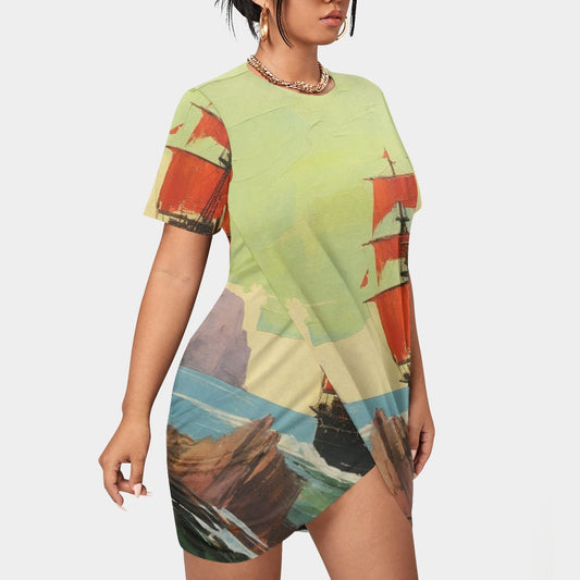 All-Over Print Women’s Stacked Hem Dress With Short Sleeve（Plus Size）