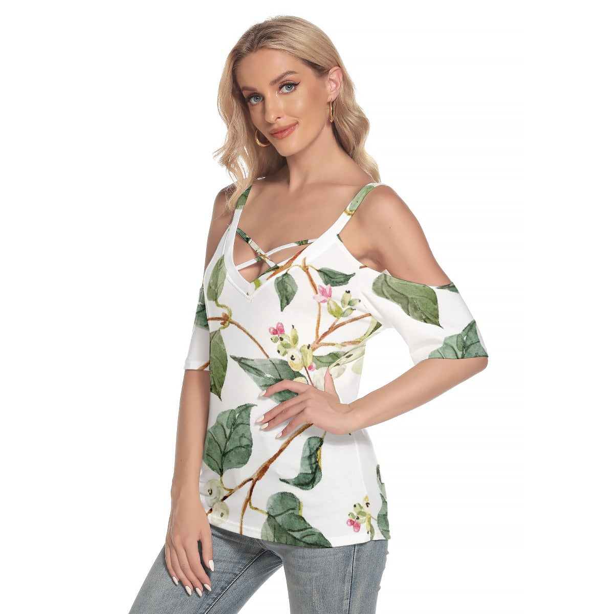 All-Over Print Women's Cold Shoulder T-shirt With Criss Cross Strips