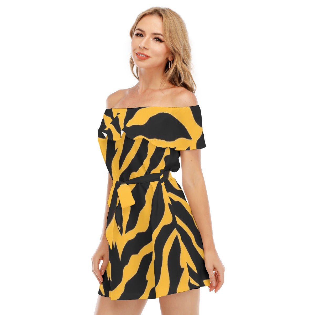 All-Over Print Women's Off-shoulder Dress With Ruffle