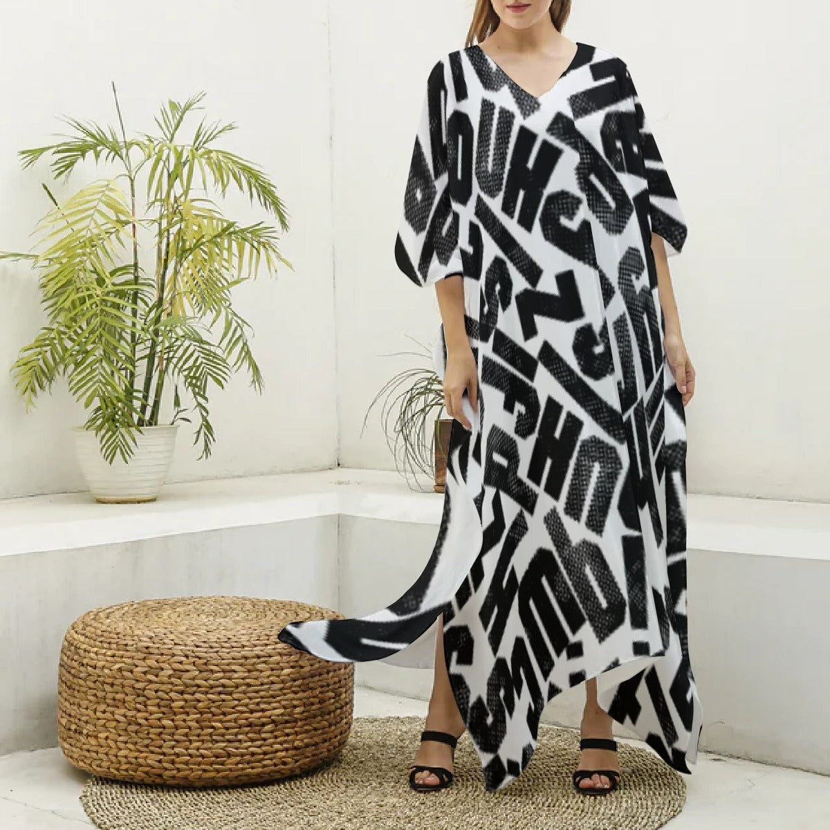 All-Over Print Women's Imitation Silk V-neck Kaftan Robe