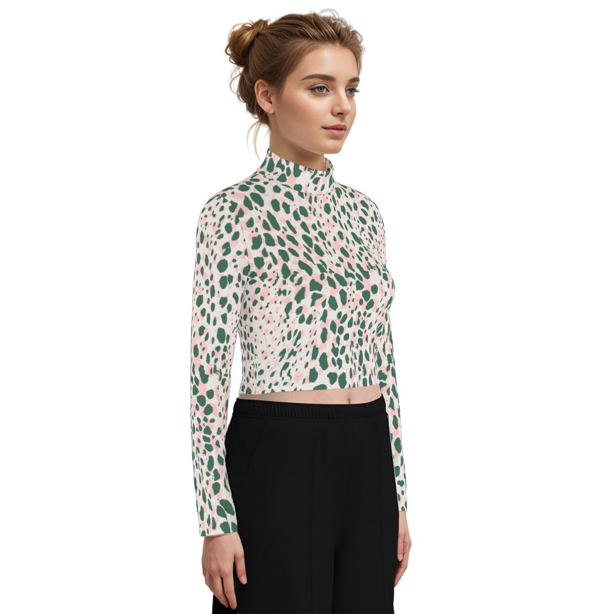 Eco-Friendly All-Over Print Women's Turtleneck T-shirt With Long Sleeve