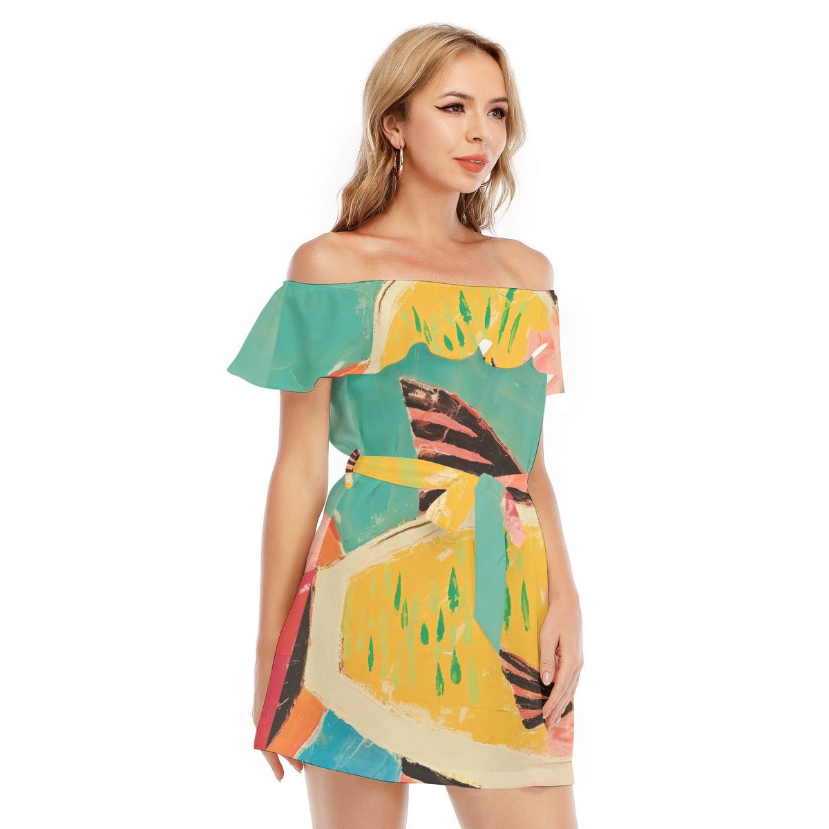 All-Over Print Women's Off-shoulder Dress With Ruffle