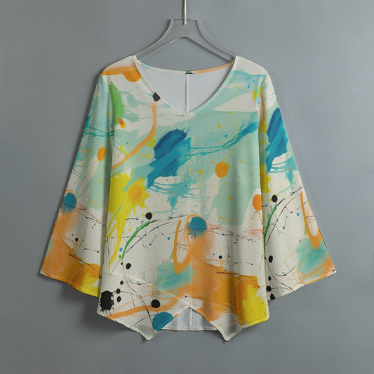 All-Over Print Women's V-neck T-shirt With Irregular Hem