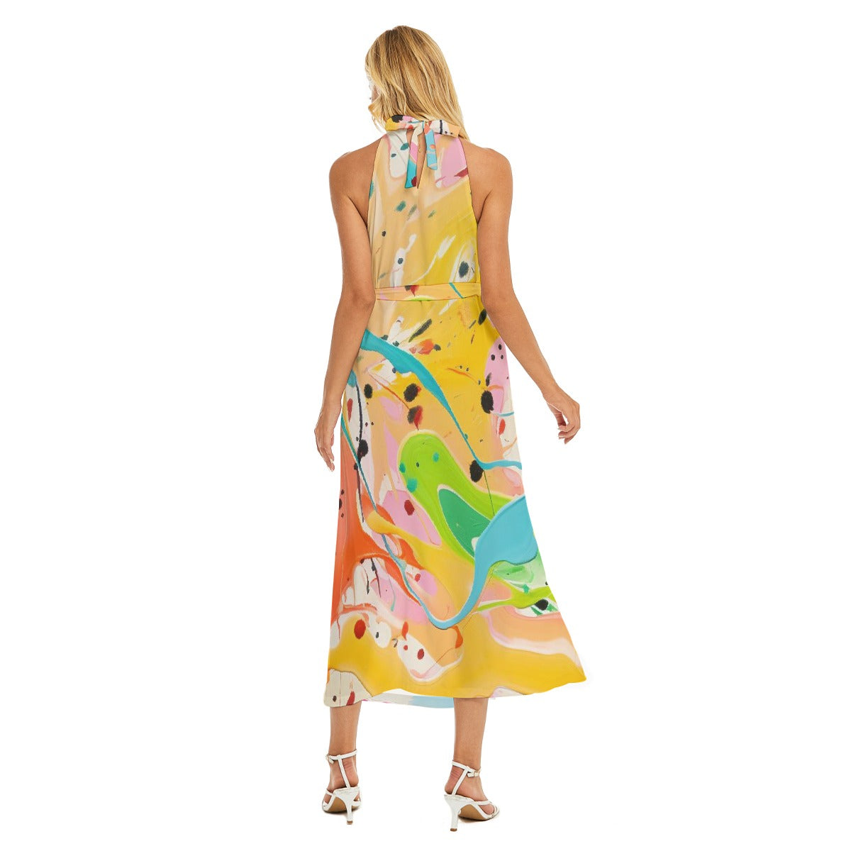 All-Over Print Women's Wrap Hem Belted Halter Dress