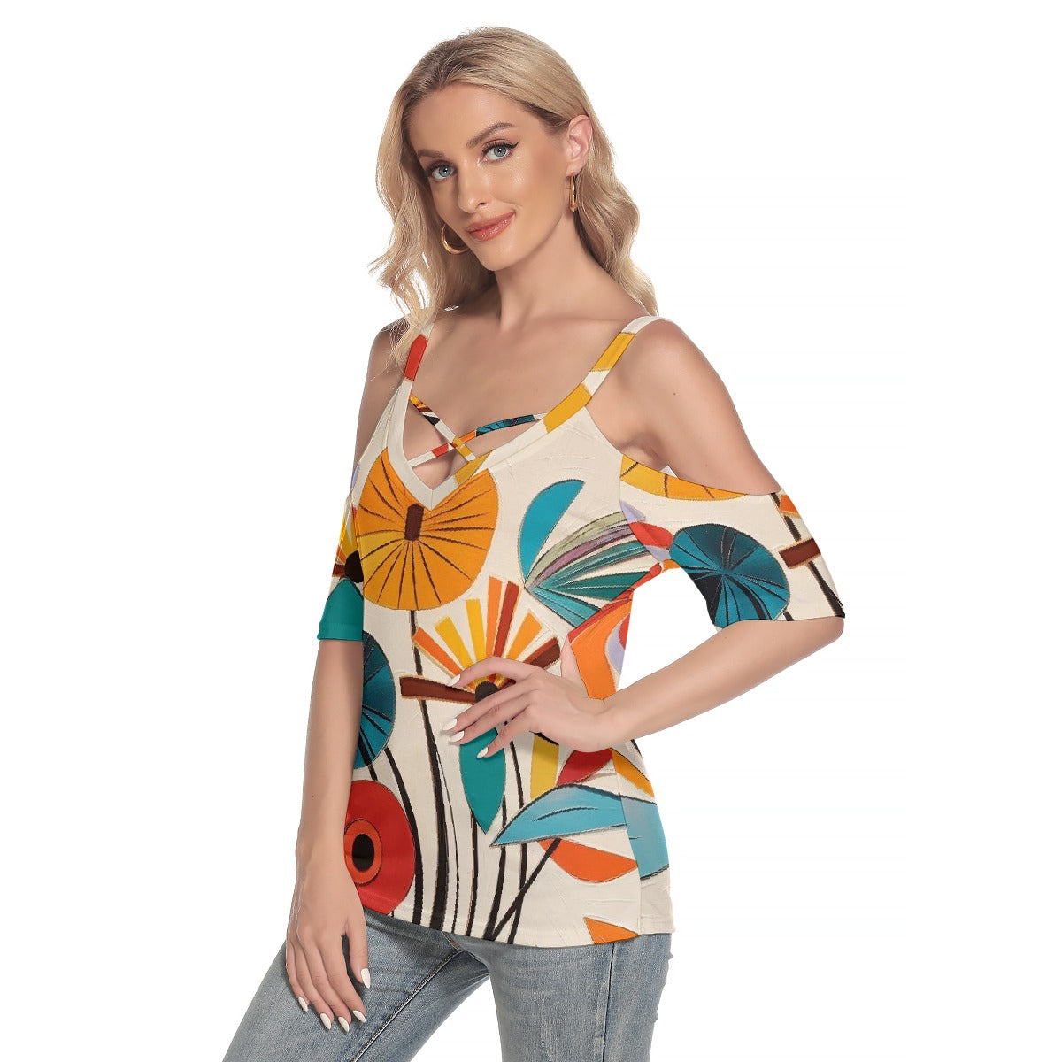 All-Over Print Women's Cold Shoulder T-shirt With Criss Cross Strips