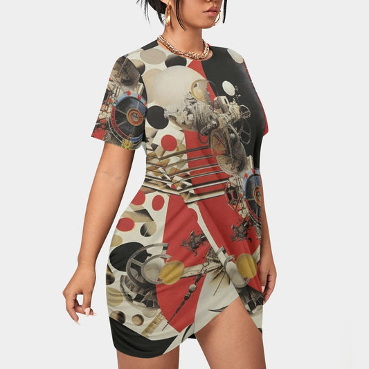 All-Over Print Women’s Stacked Hem Dress With Short Sleeve（Plus Size）