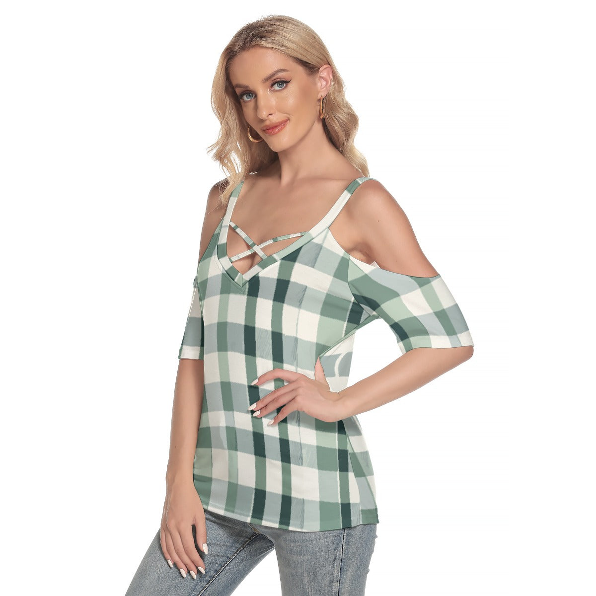 All-Over Print Women's Cold Shoulder T-shirt With Criss Cross Strips