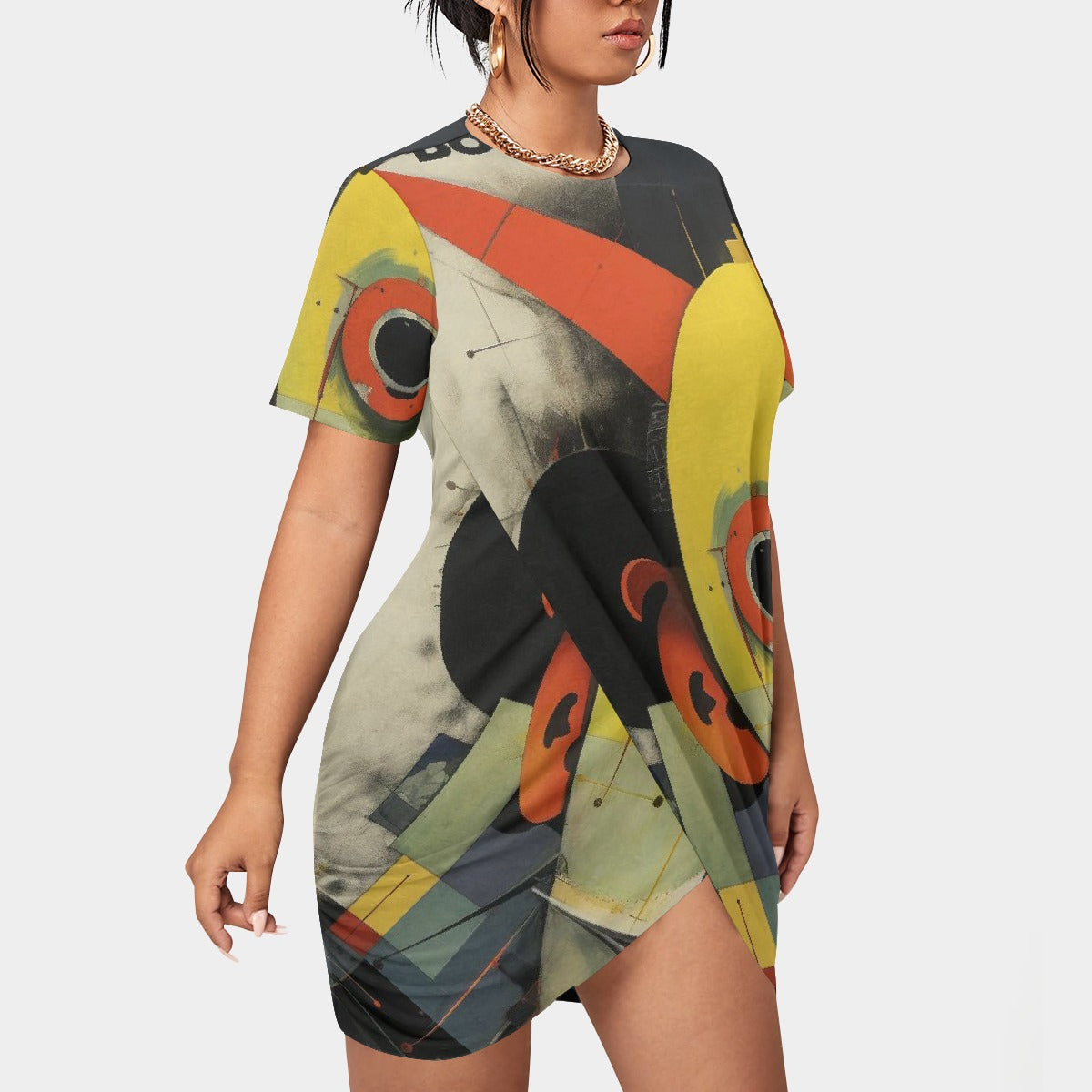 All-Over Print Women’s Stacked Hem Dress With Short Sleeve（Plus Size）