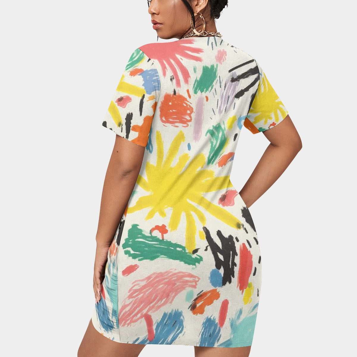 All-Over Print Women’s Stacked Hem Dress With Short Sleeve（Plus Size）