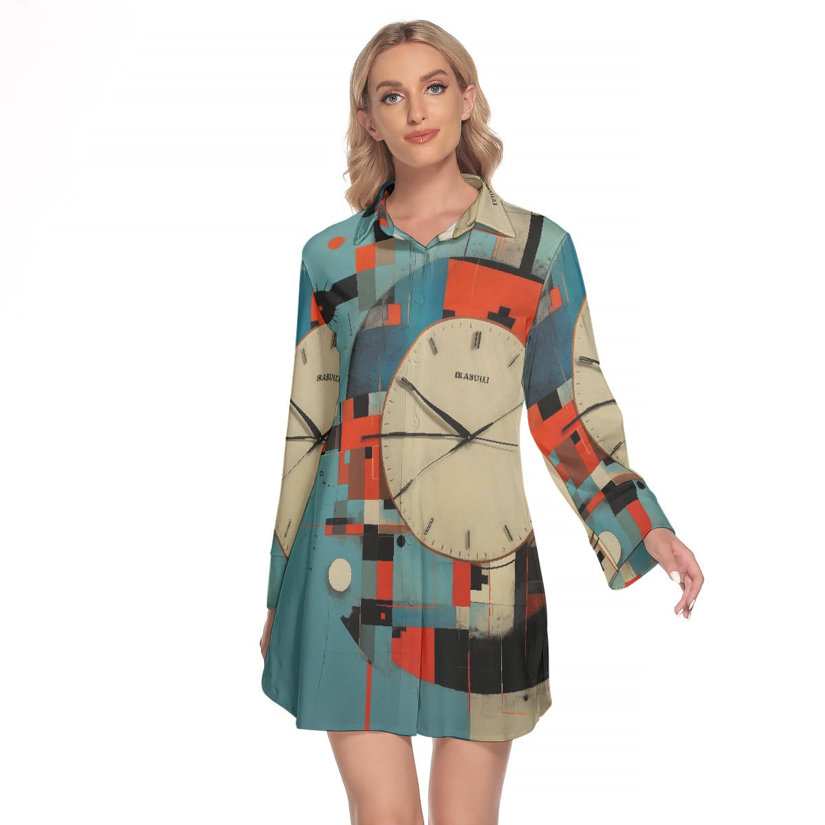 All-Over Print Women's Lapel Shirt Dress With Long Sleeve