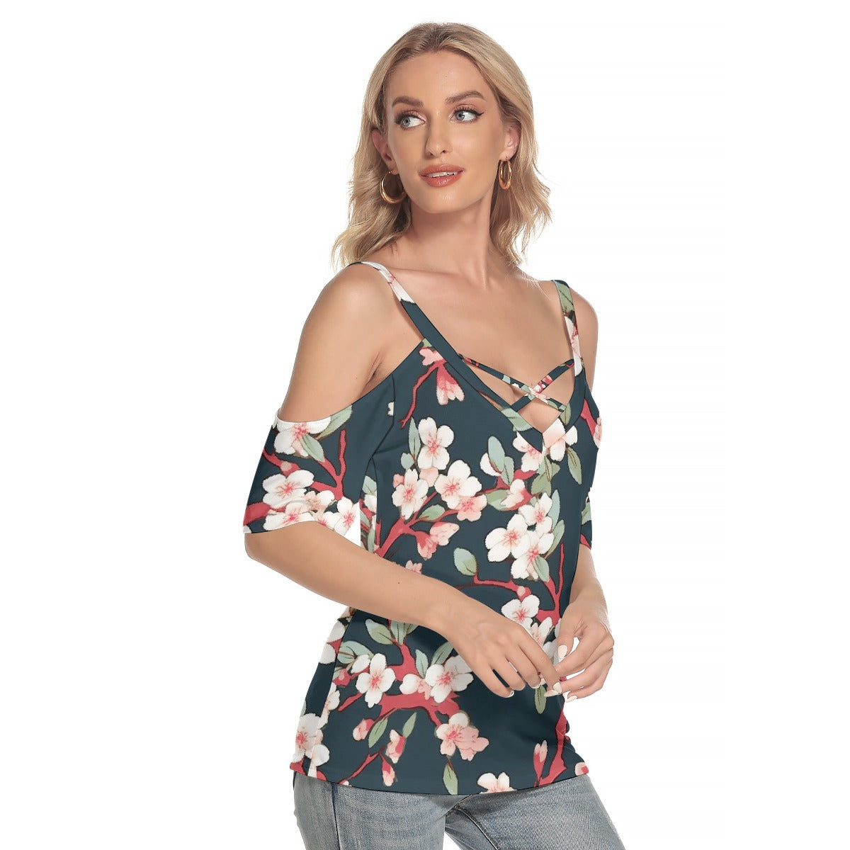 All-Over Print Women's Cold Shoulder T-shirt With Criss Cross Strips