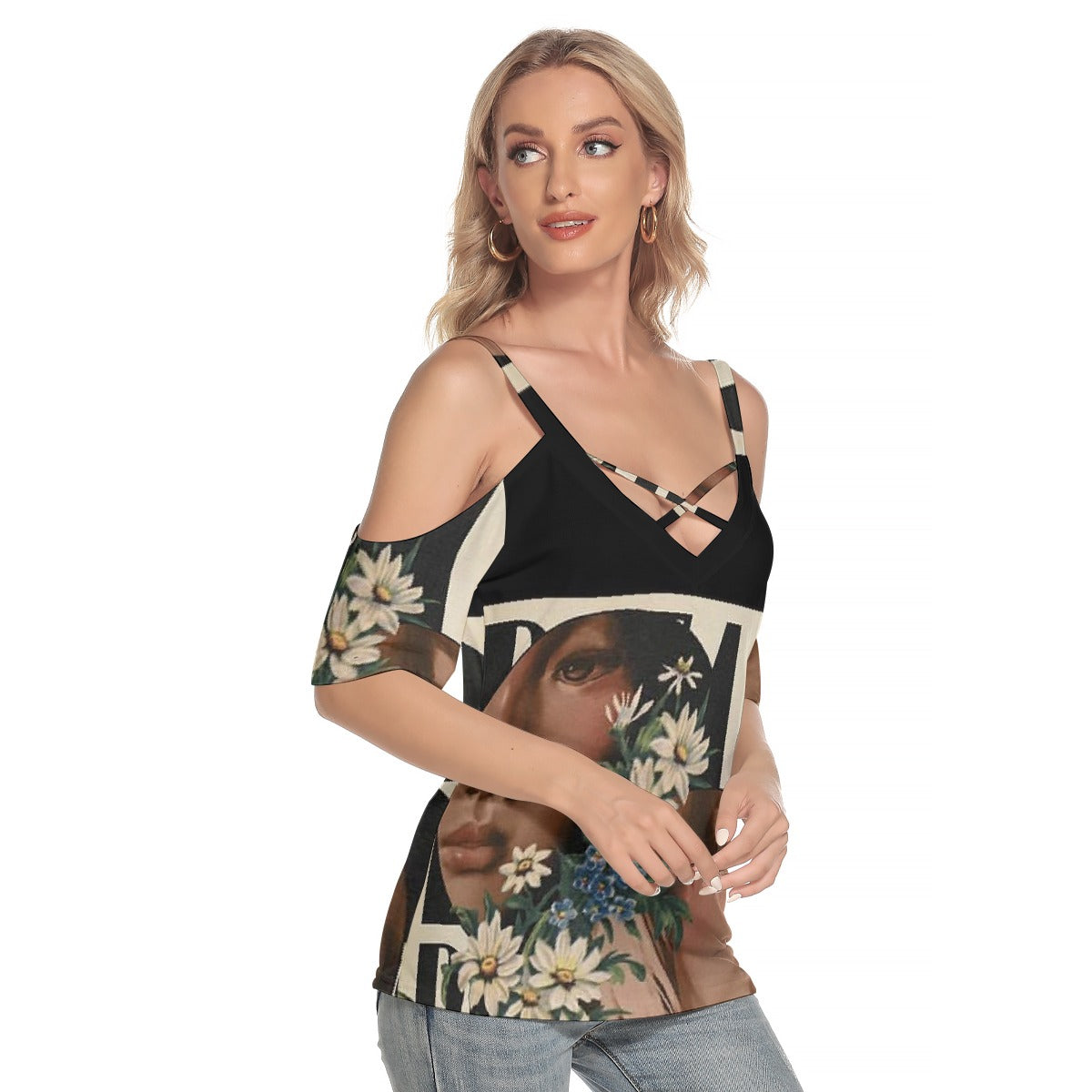 All-Over Print Women's Cold Shoulder T-shirt With Criss Cross Strips