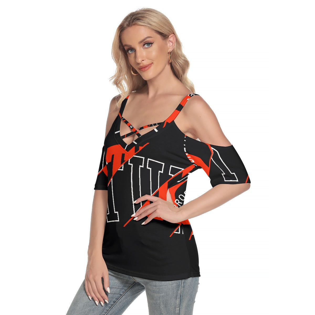 All-Over Print Women's Cold Shoulder T-shirt With Criss Cross Strips