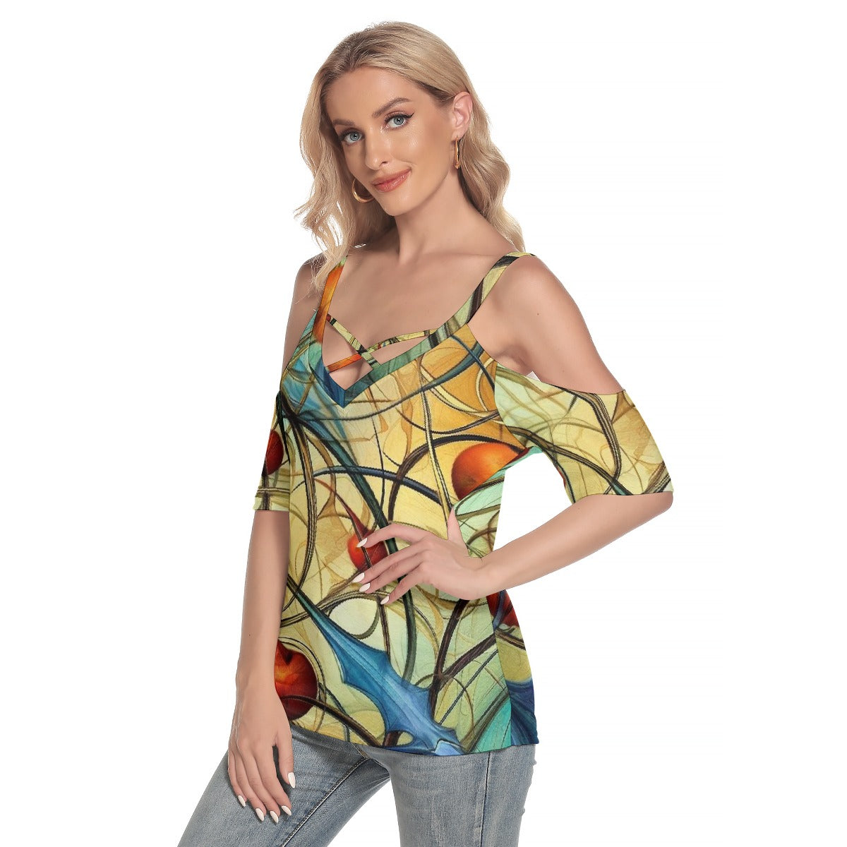 All-Over Print Women's Cold Shoulder T-shirt With Criss Cross Strips