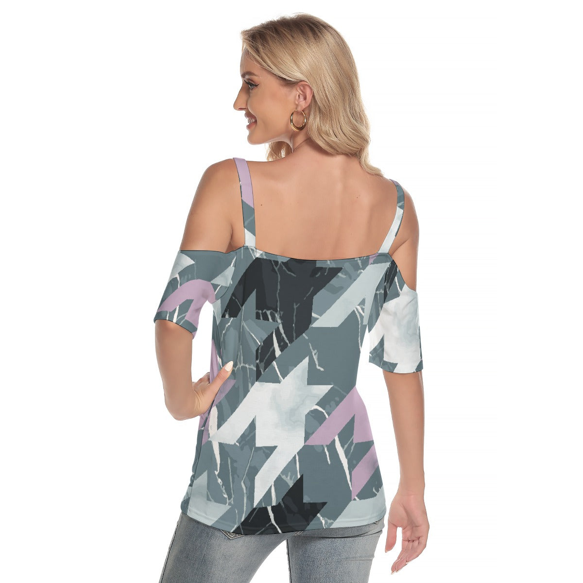 All-Over Print Women's Cold Shoulder T-shirt With Criss Cross Strips