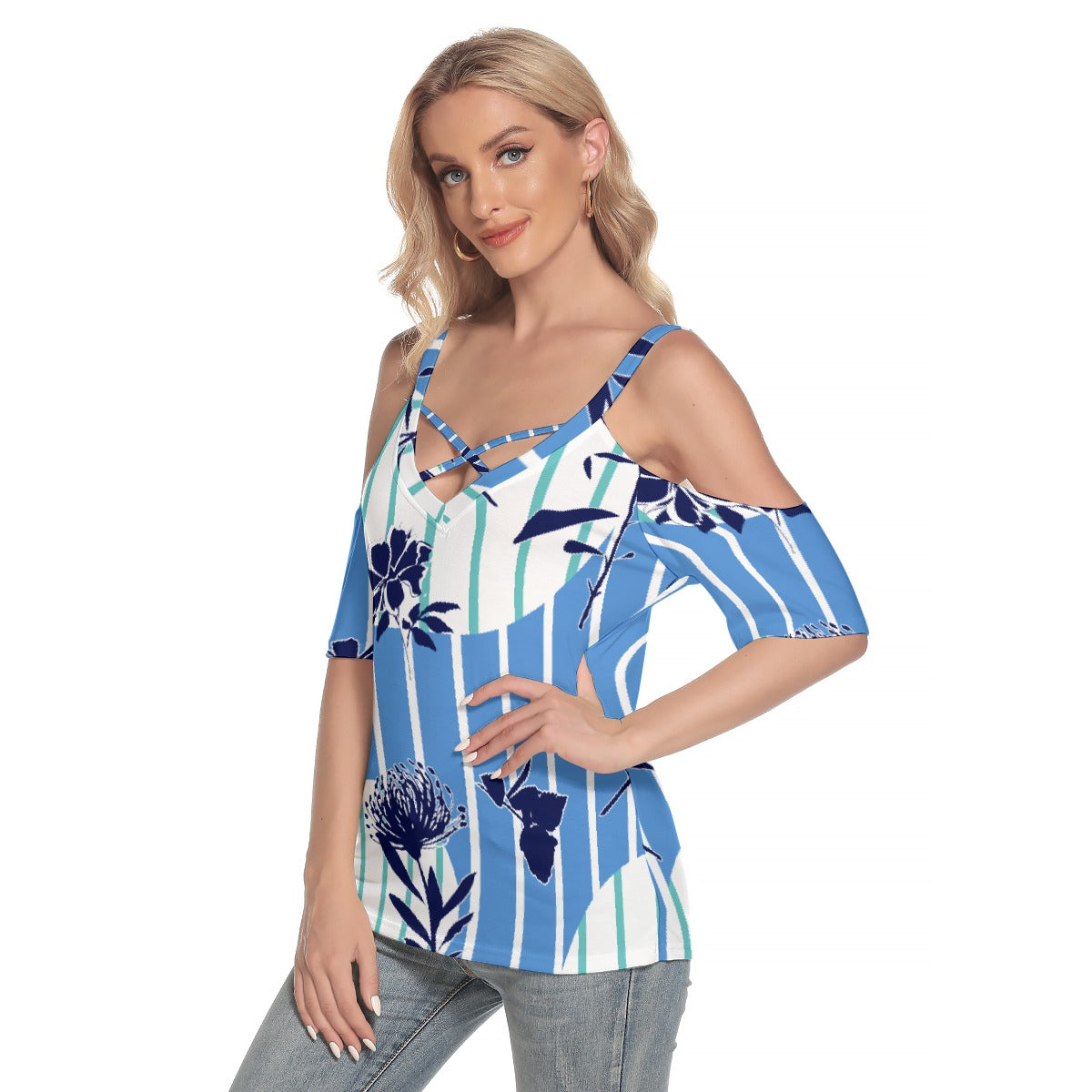 All-Over Print Women's Cold Shoulder T-shirt With Criss Cross Strips