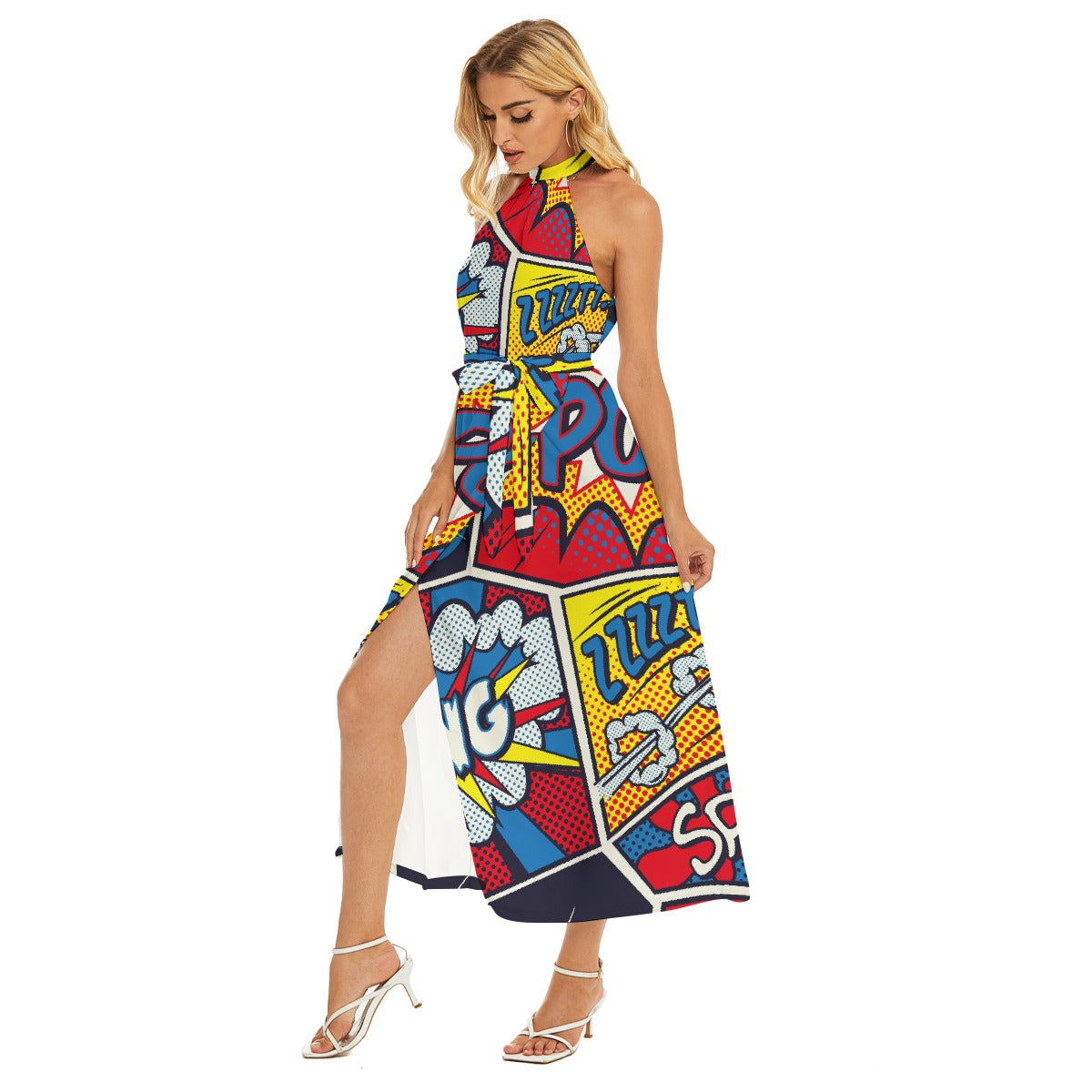 All-Over Print Women's Wrap Hem Belted Halter Dress