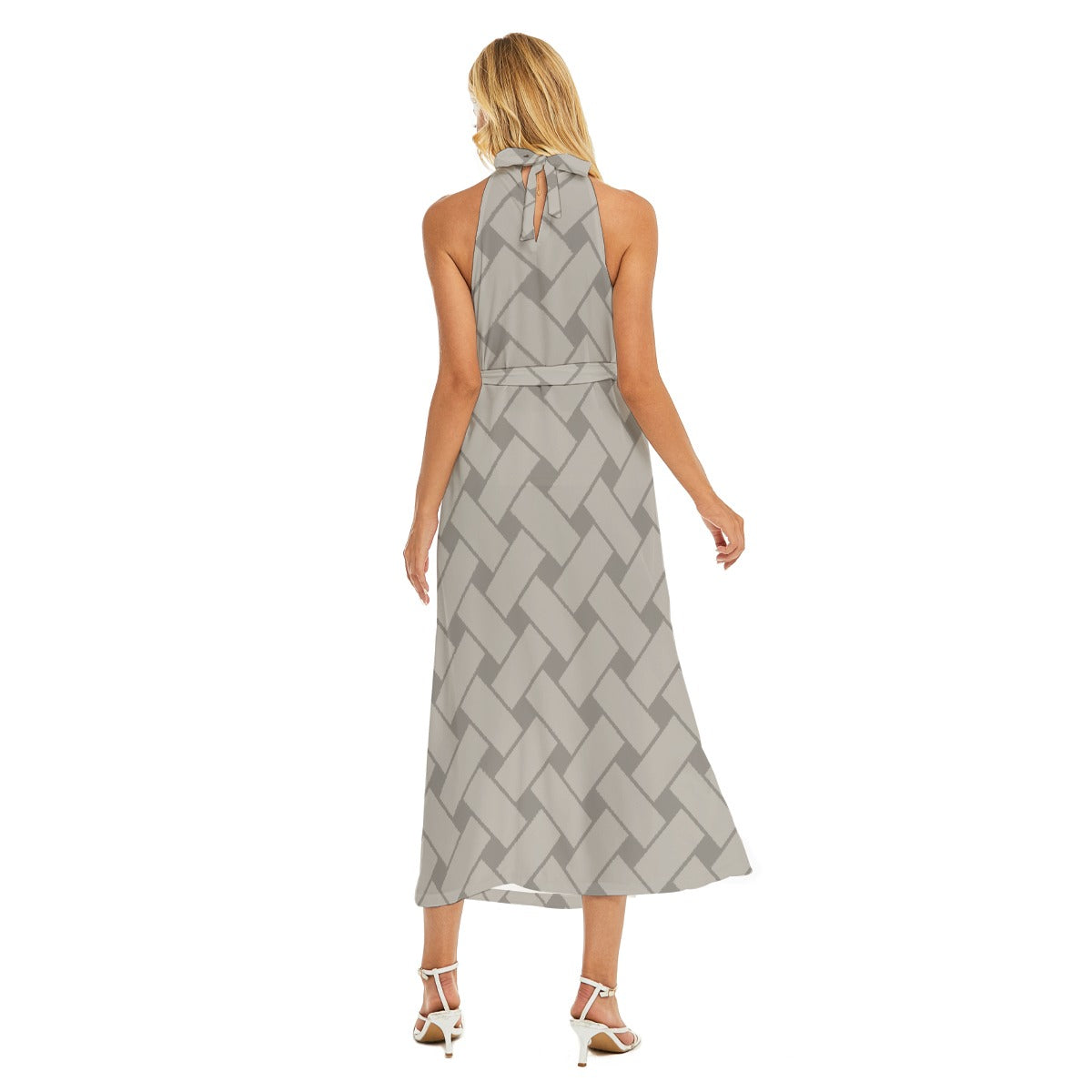 All-Over Print Women's Wrap Hem Belted Halter Dress