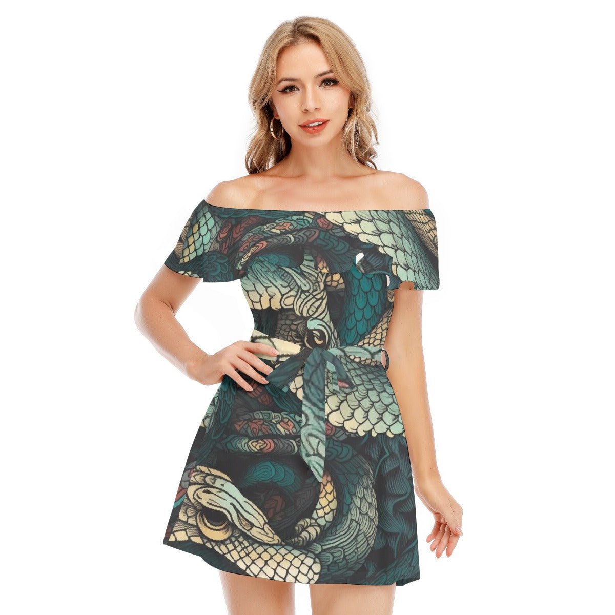 All-Over Print Women's Off-shoulder Dress With Ruffle