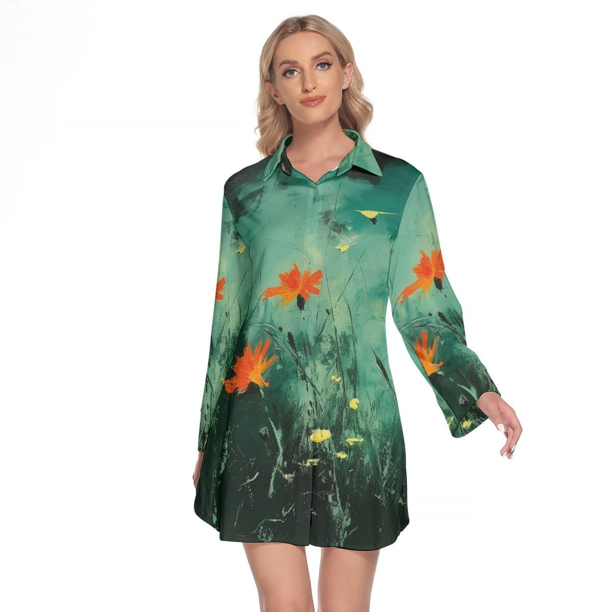 All-Over Print Women's Lapel Shirt Dress With Long Sleeve