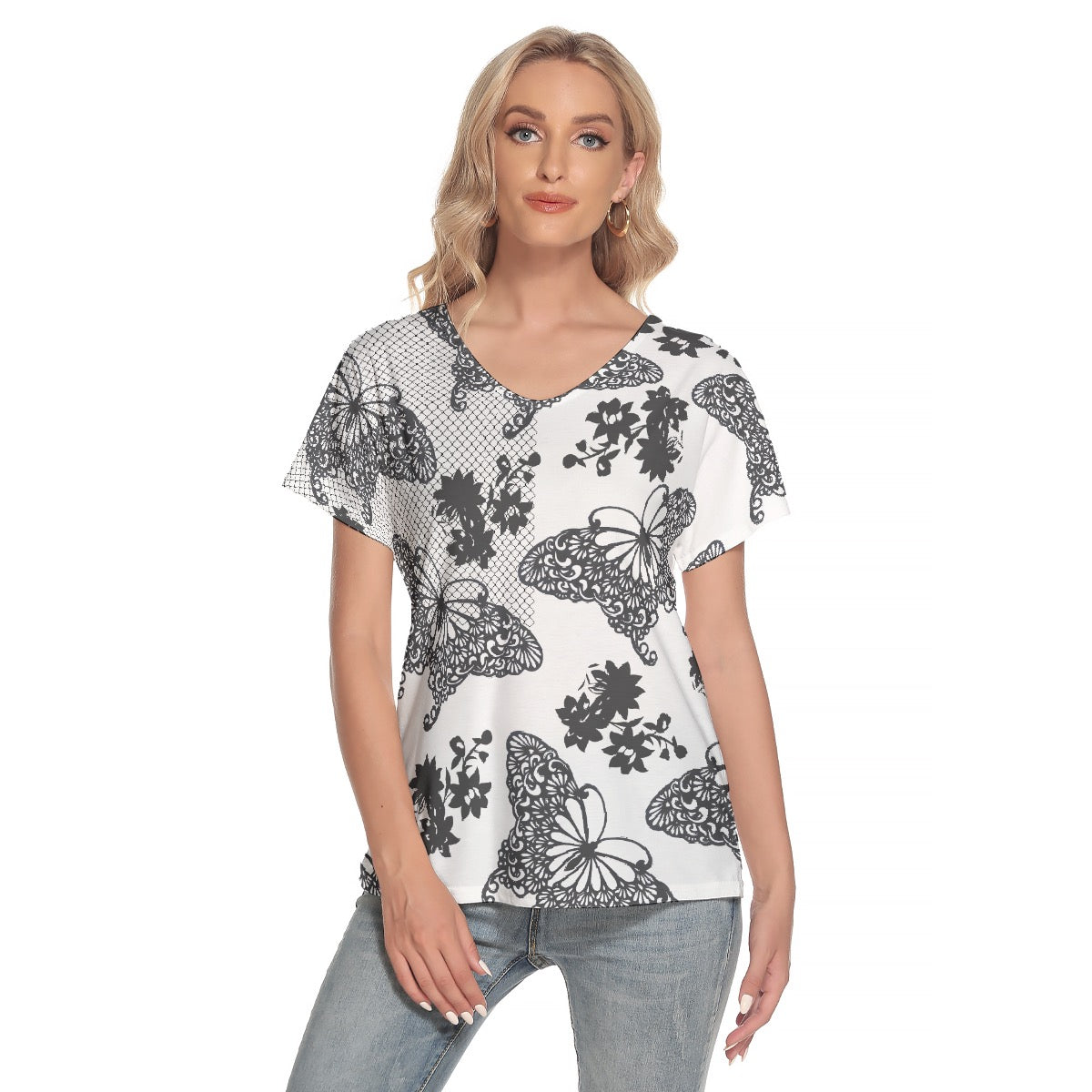 All-Over Print Women's Loose V-neck Short Sleeve T-shirt