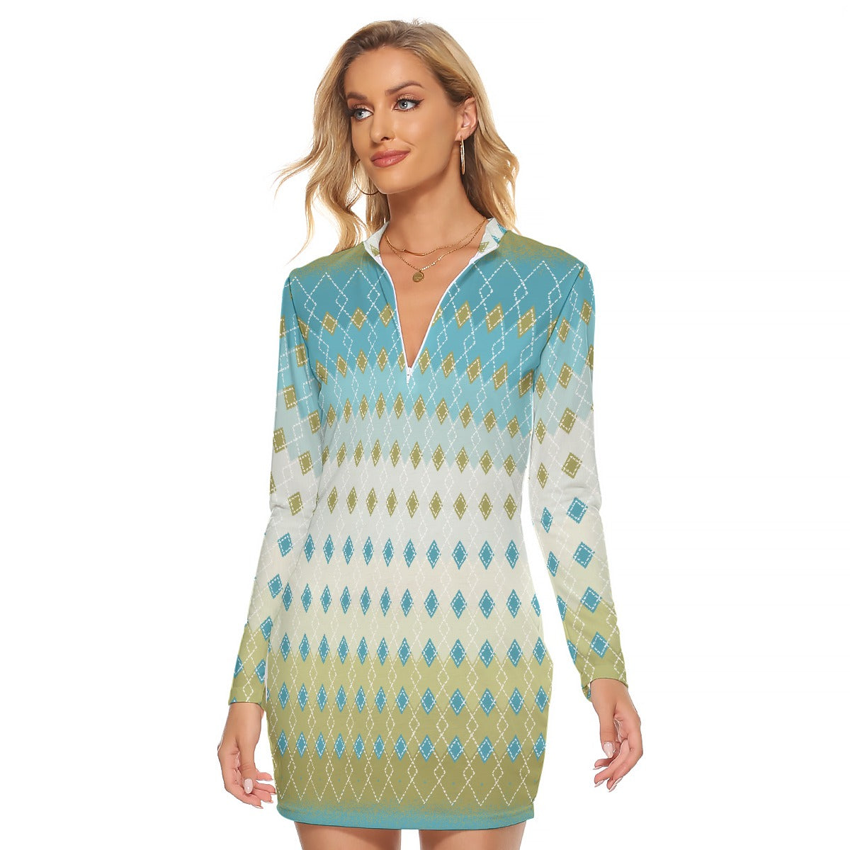 All-Over Print Women's Zip Front Tight Dress