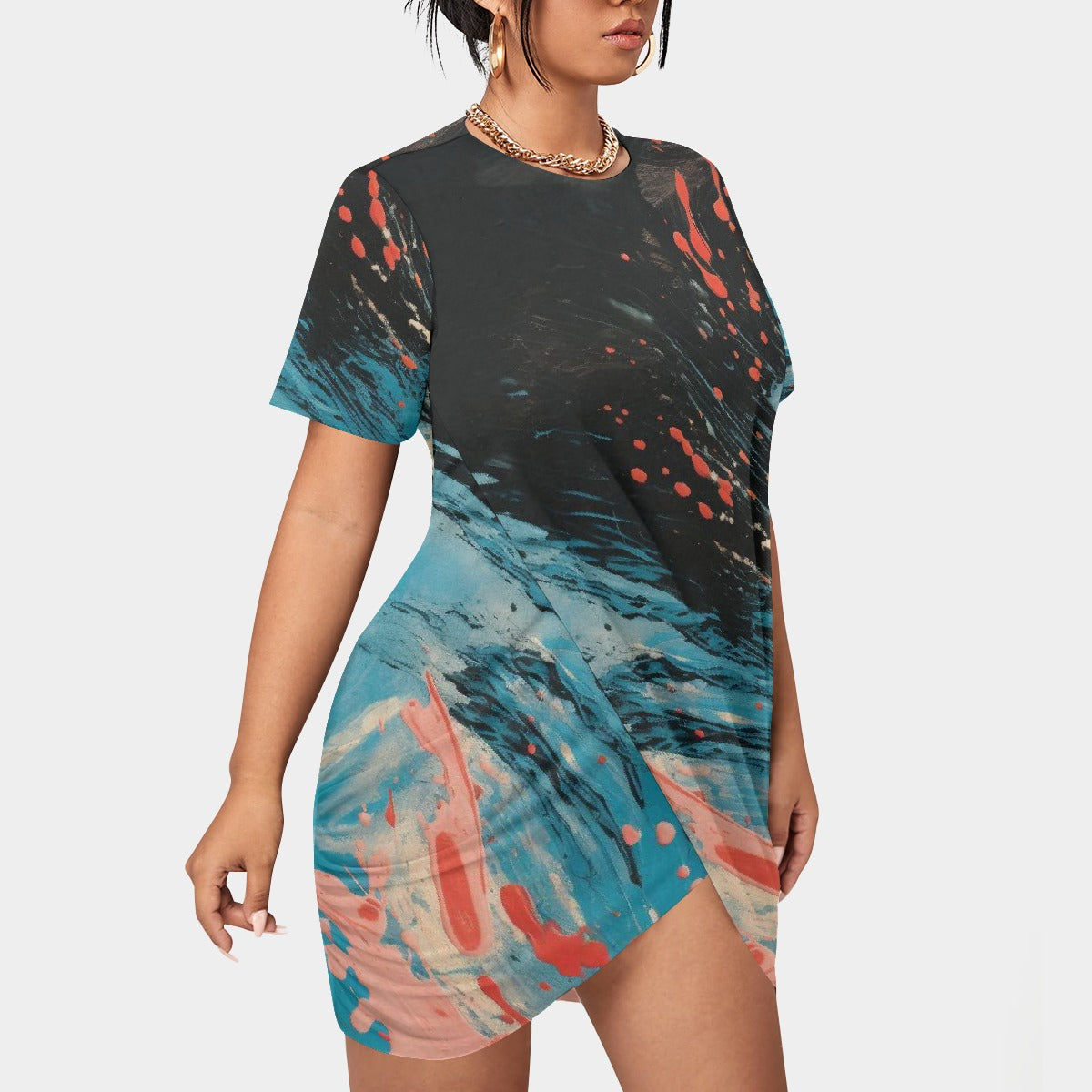 All-Over Print Women’s Stacked Hem Dress With Short Sleeve（Plus Size）