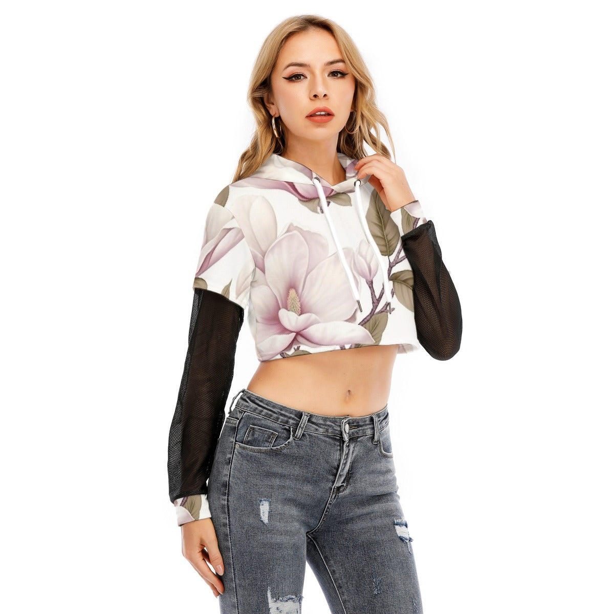 All-Over Print Women's Fake Two-piece Mesh Sleeve Cropped Hoodie