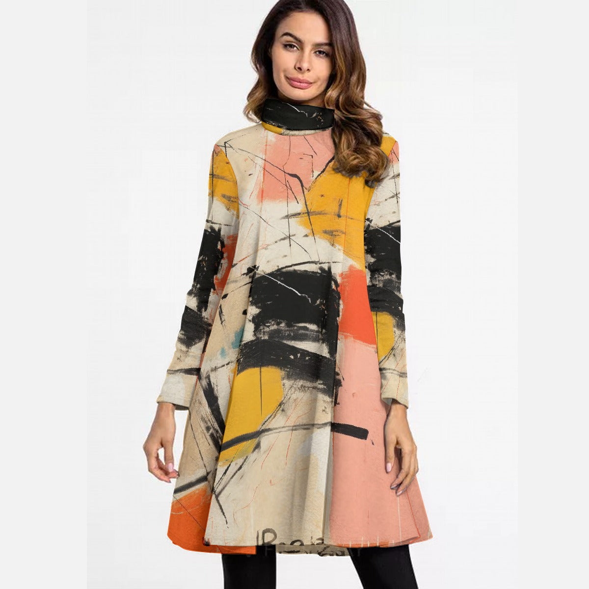 All-Over Print Women's High Neck Dress With Long Sleeve