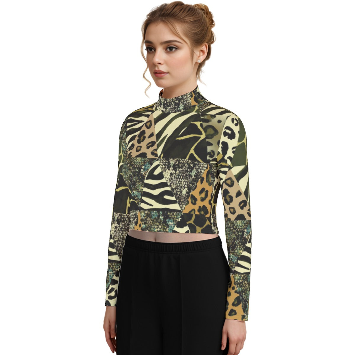 Eco-Friendly All-Over Print Women's Turtleneck T-shirt With Long Sleeve