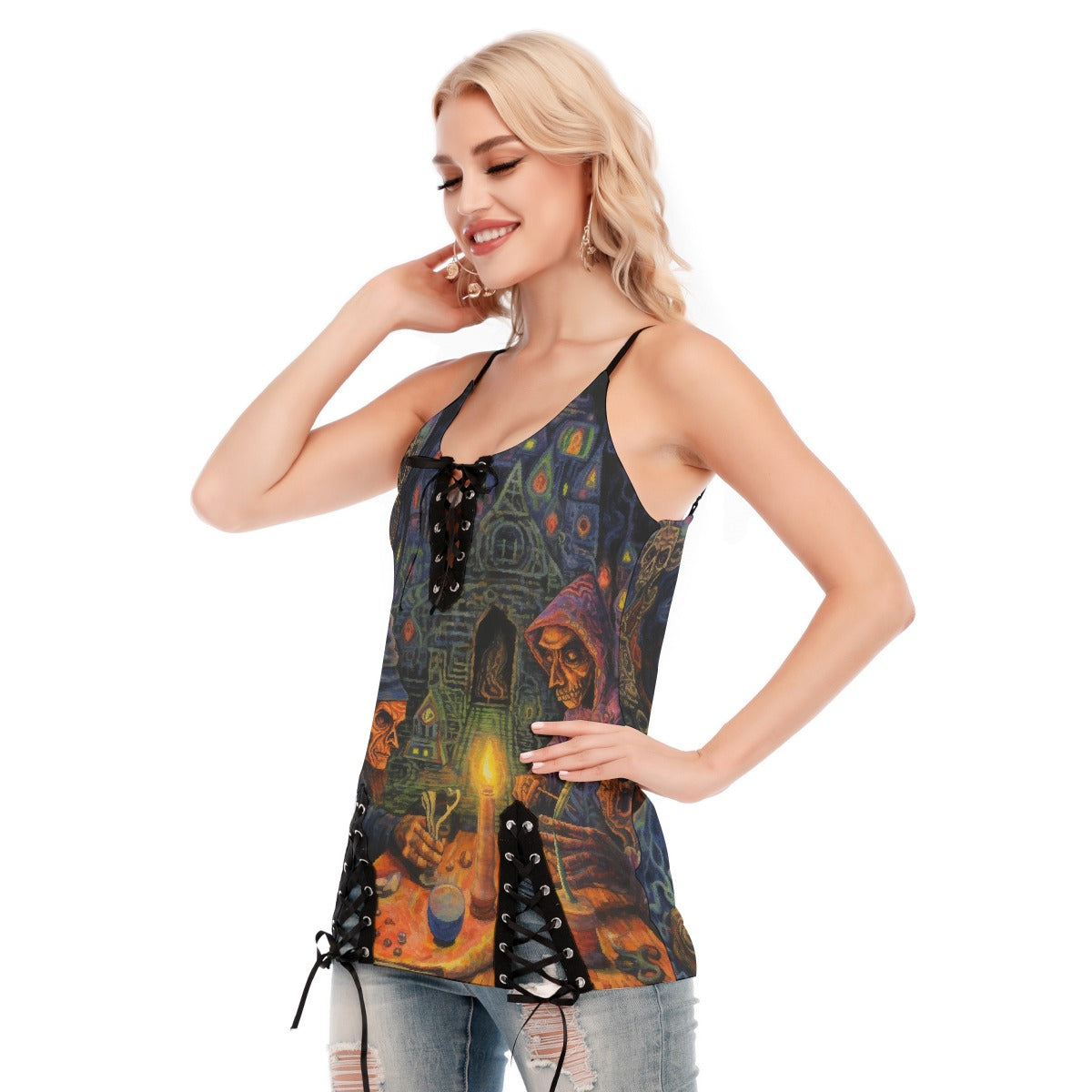 All-Over Print Women's V-neck Eyelet Lace-up Cami Dress