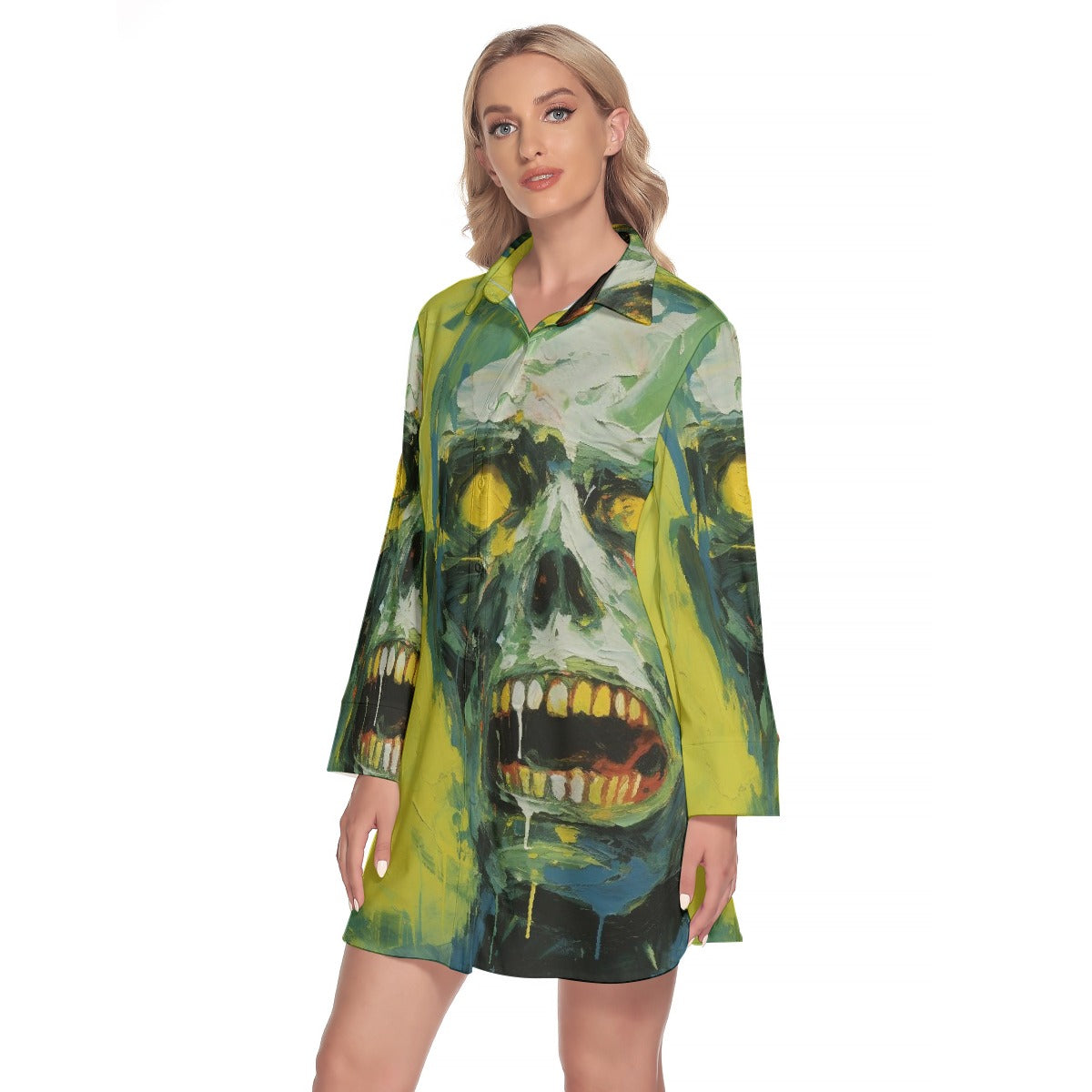 All-Over Print Women's Lapel Shirt Dress With Long Sleeve