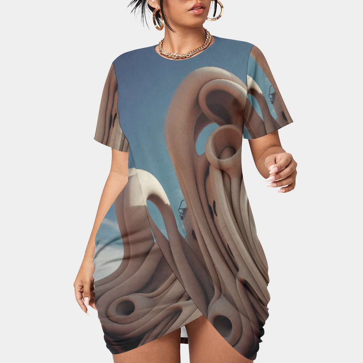 All-Over Print Women’s Stacked Hem Dress With Short Sleeve（Plus Size）