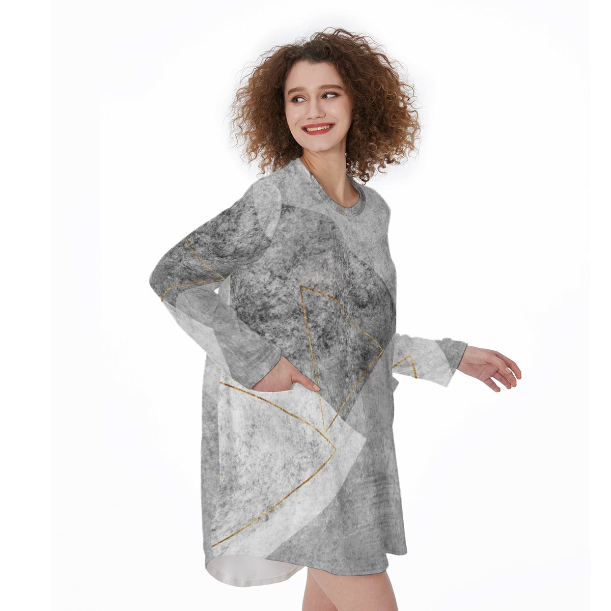 All-Over Print Women's Casual Loose Long Sleeve Dress With Pocket