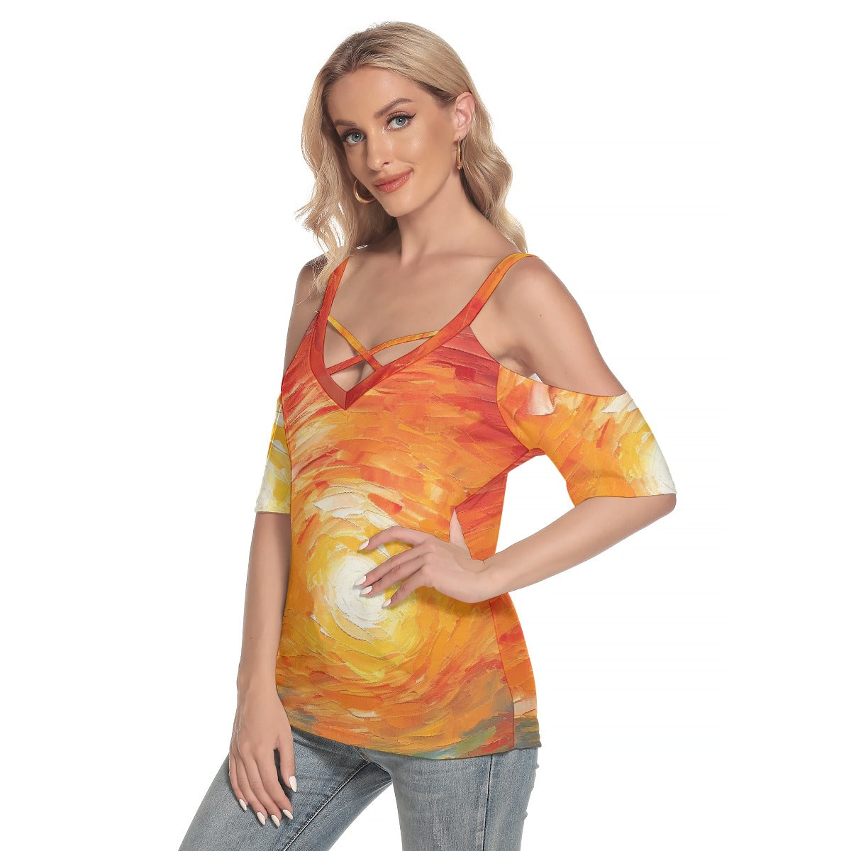 All-Over Print Women's Cold Shoulder T-shirt With Criss Cross Strips