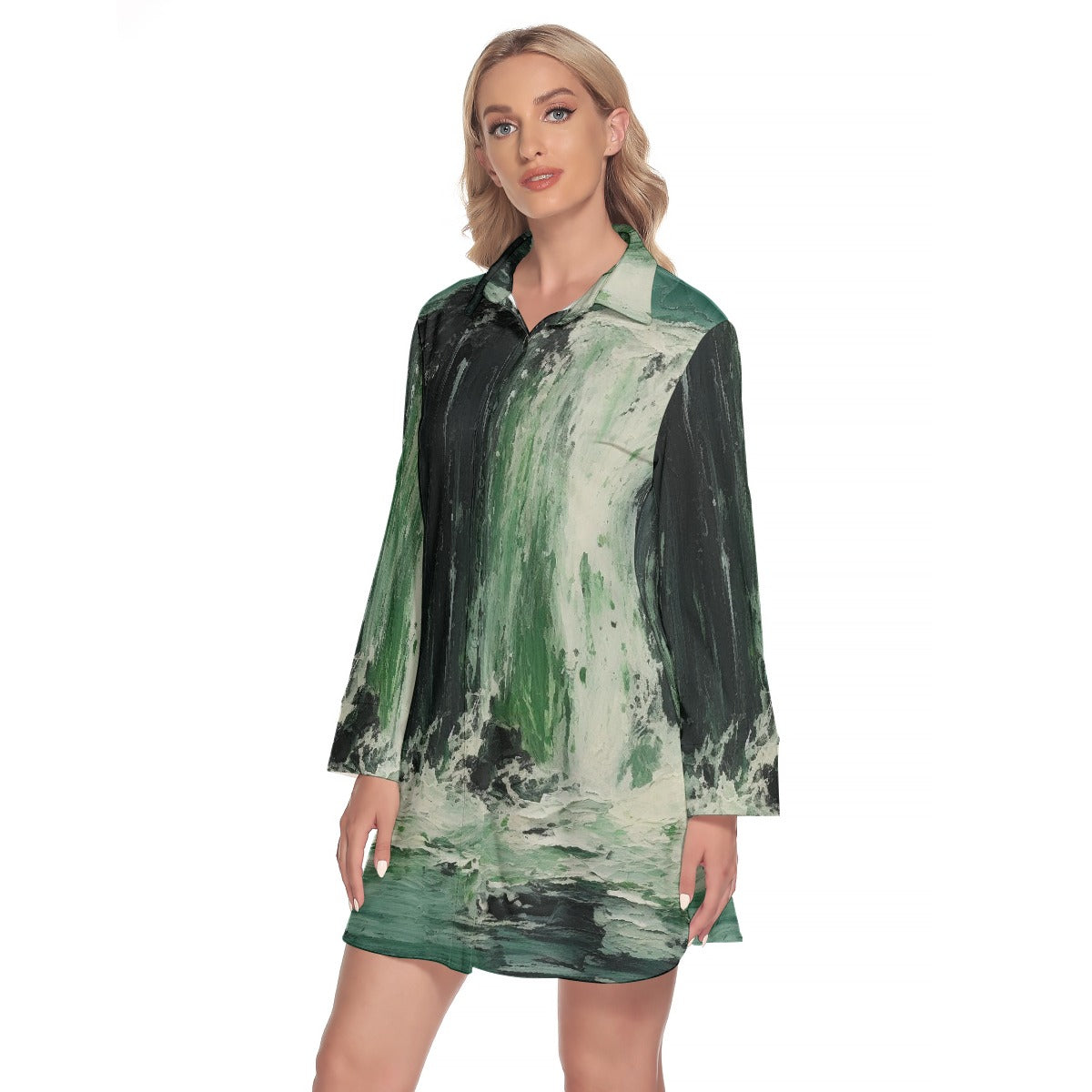 All-Over Print Women's Lapel Shirt Dress With Long Sleeve