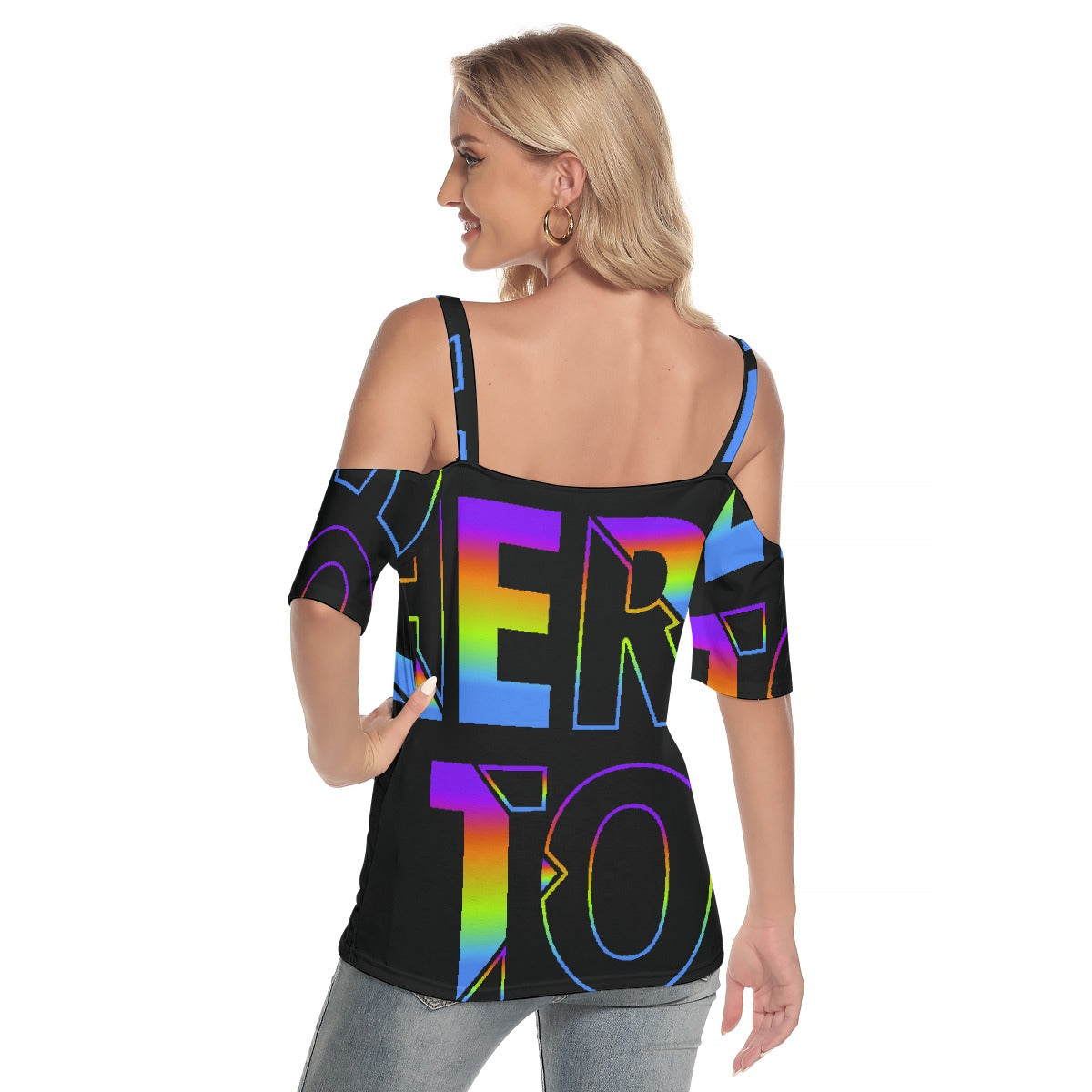 All-Over Print Women's Cold Shoulder T-shirt With Criss Cross Strips