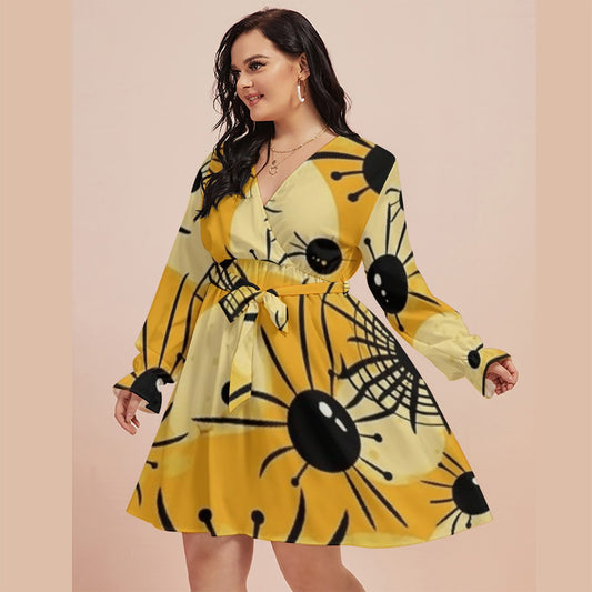 All-Over Print Women's V-neck Dress With Waistband(Plus Size)