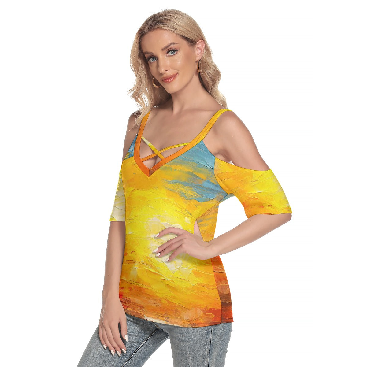 All-Over Print Women's Cold Shoulder T-shirt With Criss Cross Strips