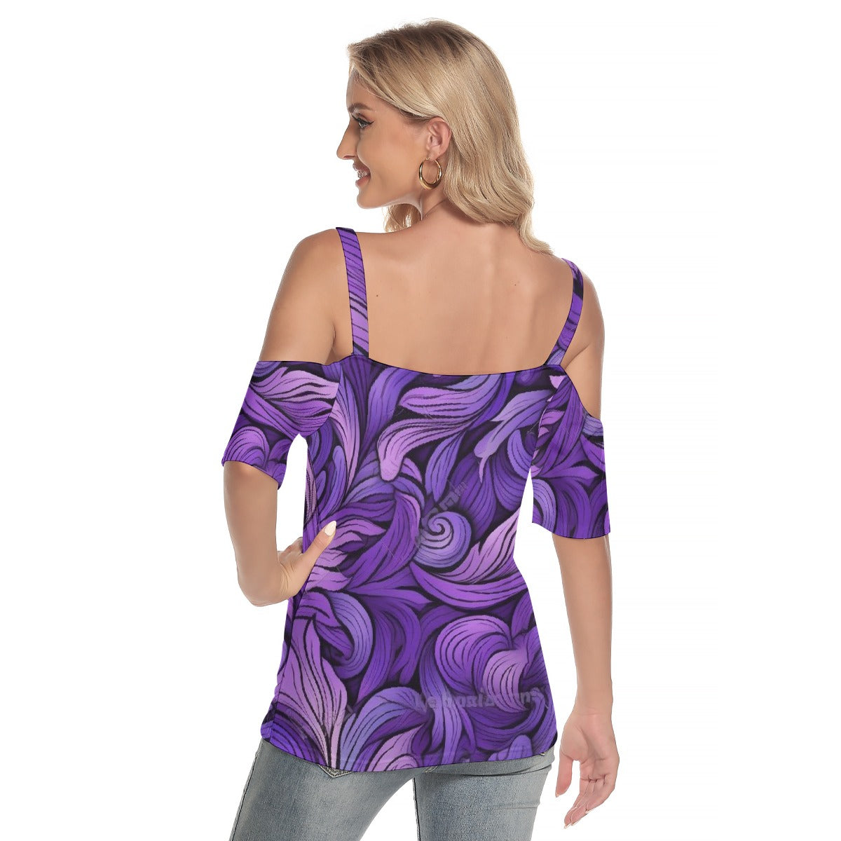 All-Over Print Women's Cold Shoulder T-shirt With Criss Cross Strips