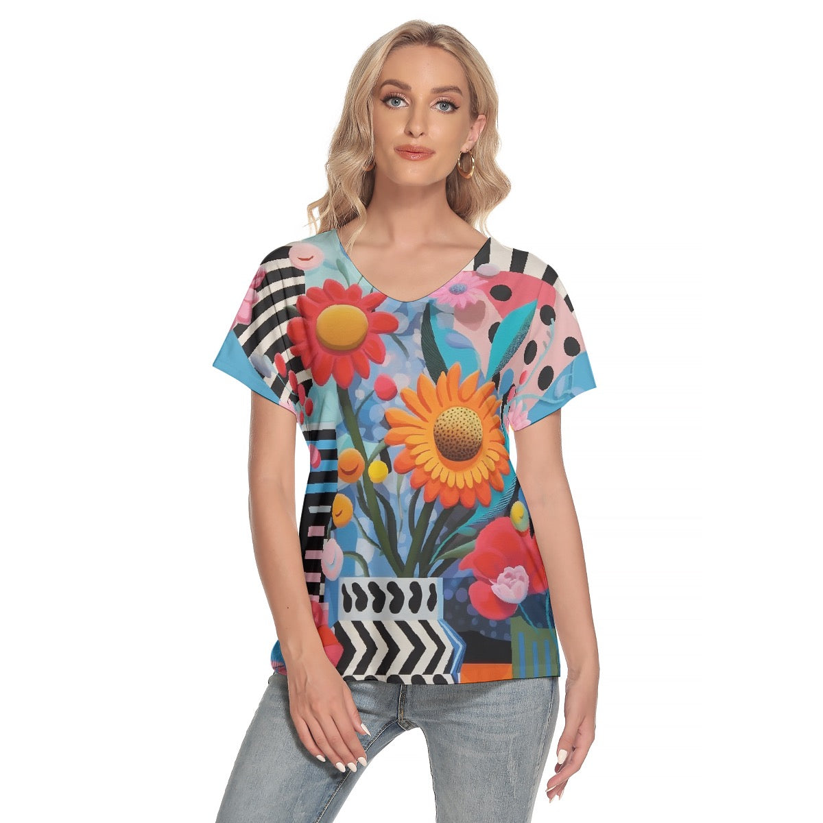 All-Over Print Women's Loose V-neck Short Sleeve T-shirt