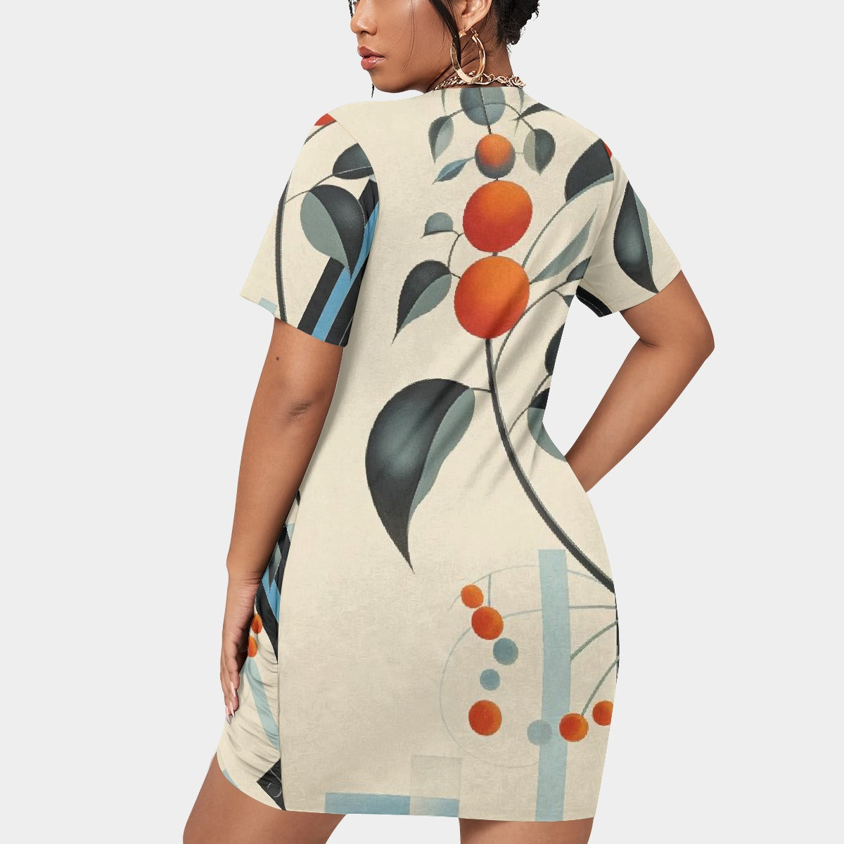 All-Over Print Women’s Stacked Hem Dress With Short Sleeve（Plus Size）