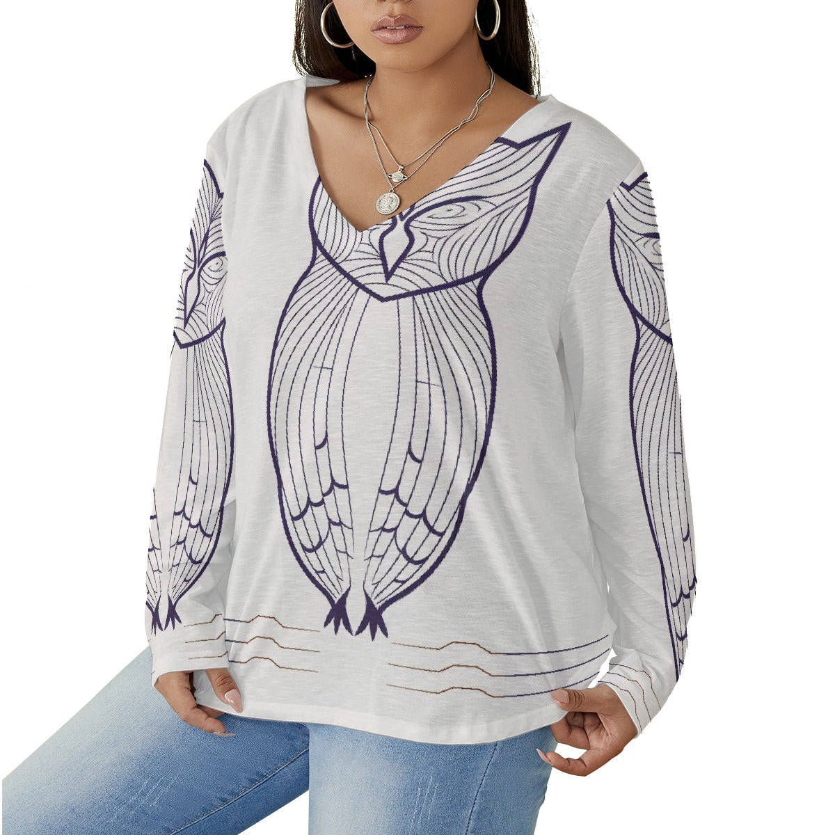 All-Over Print Women's V-neck T-shirt With Curved Hem(Plus Size)