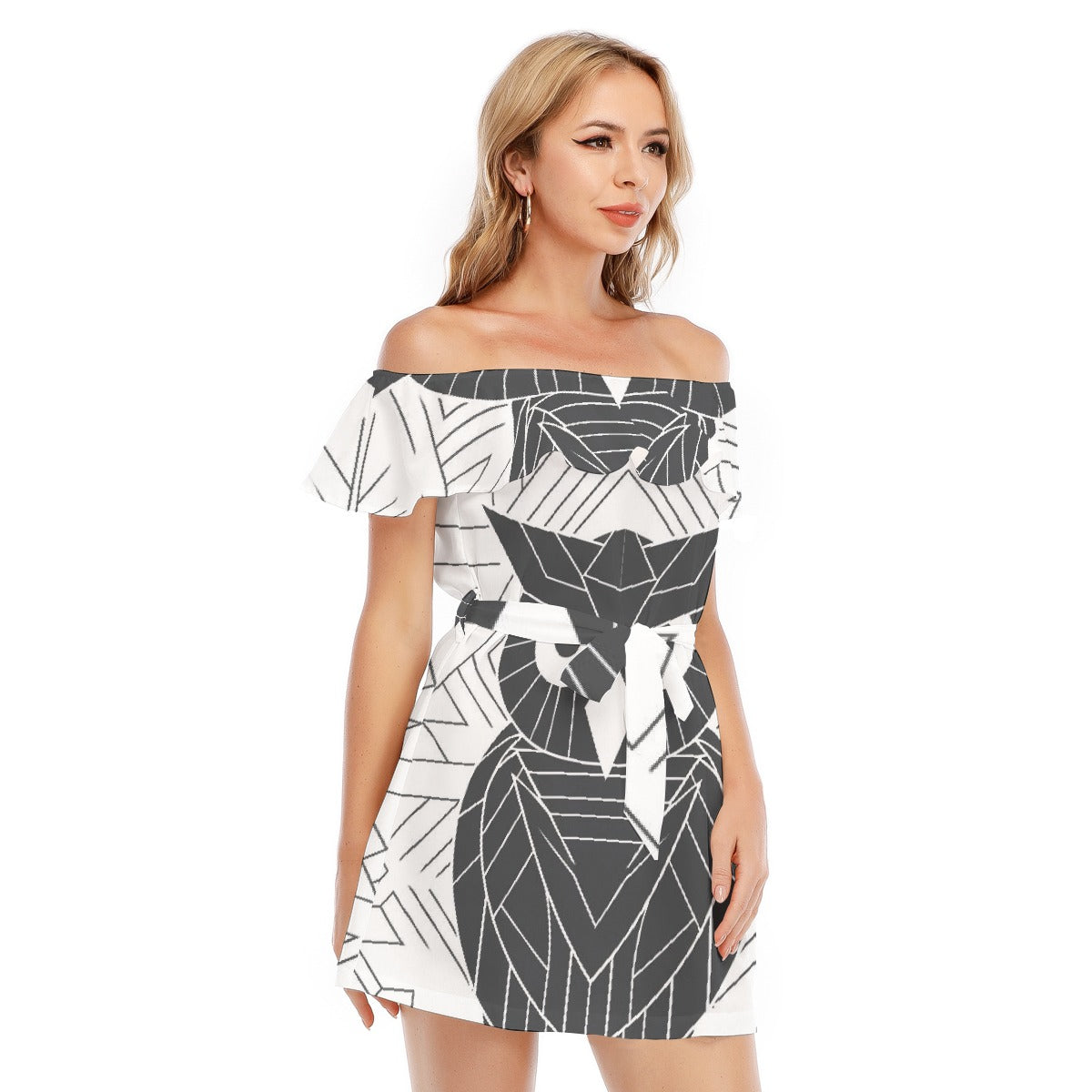 All-Over Print Women's Off-shoulder Dress With Ruffle