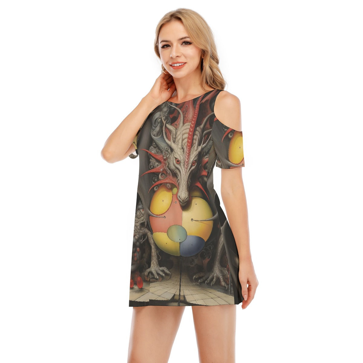 All-Over Print Women's Cold Shoulder Dress | 190GSM Cotton