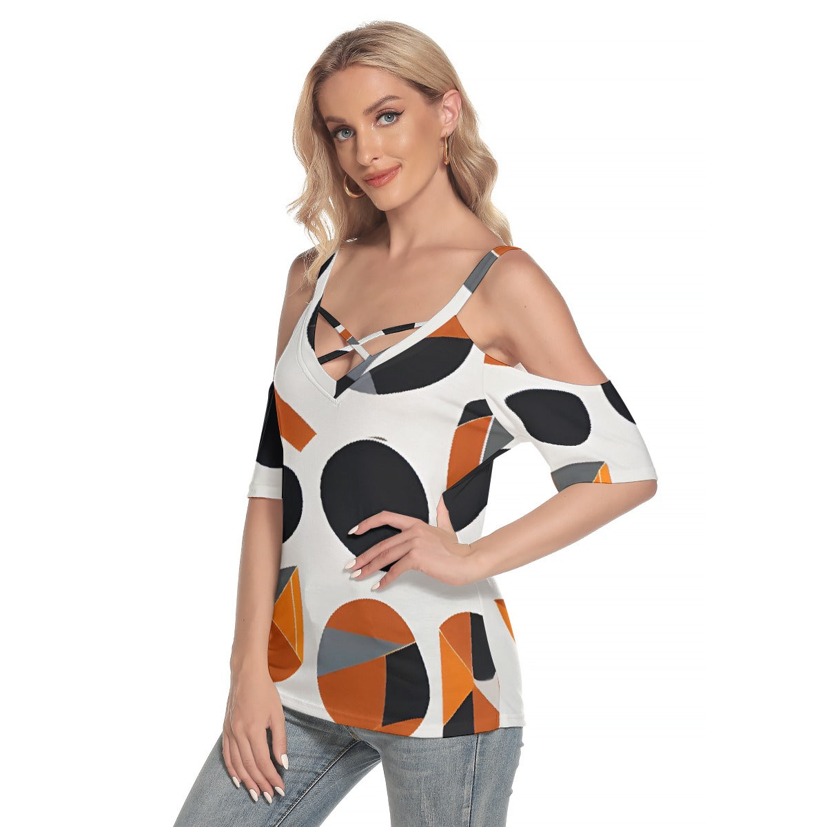 All-Over Print Women's Cold Shoulder T-shirt With Criss Cross Strips